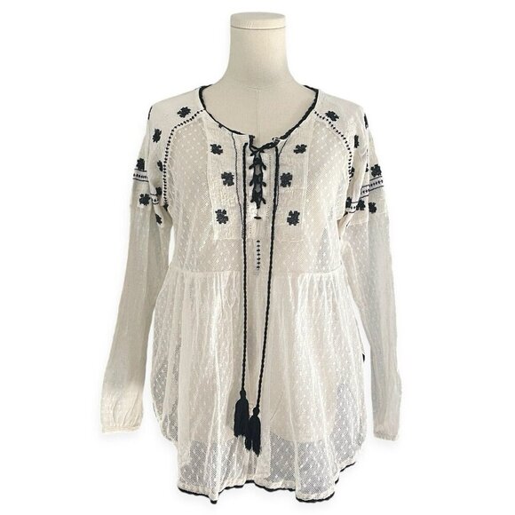 Free People Sheer Chiffon Blouse Women S Ivory Boho Bishop Sleeve Sheer Lace Dot - Picture 1 of 11
